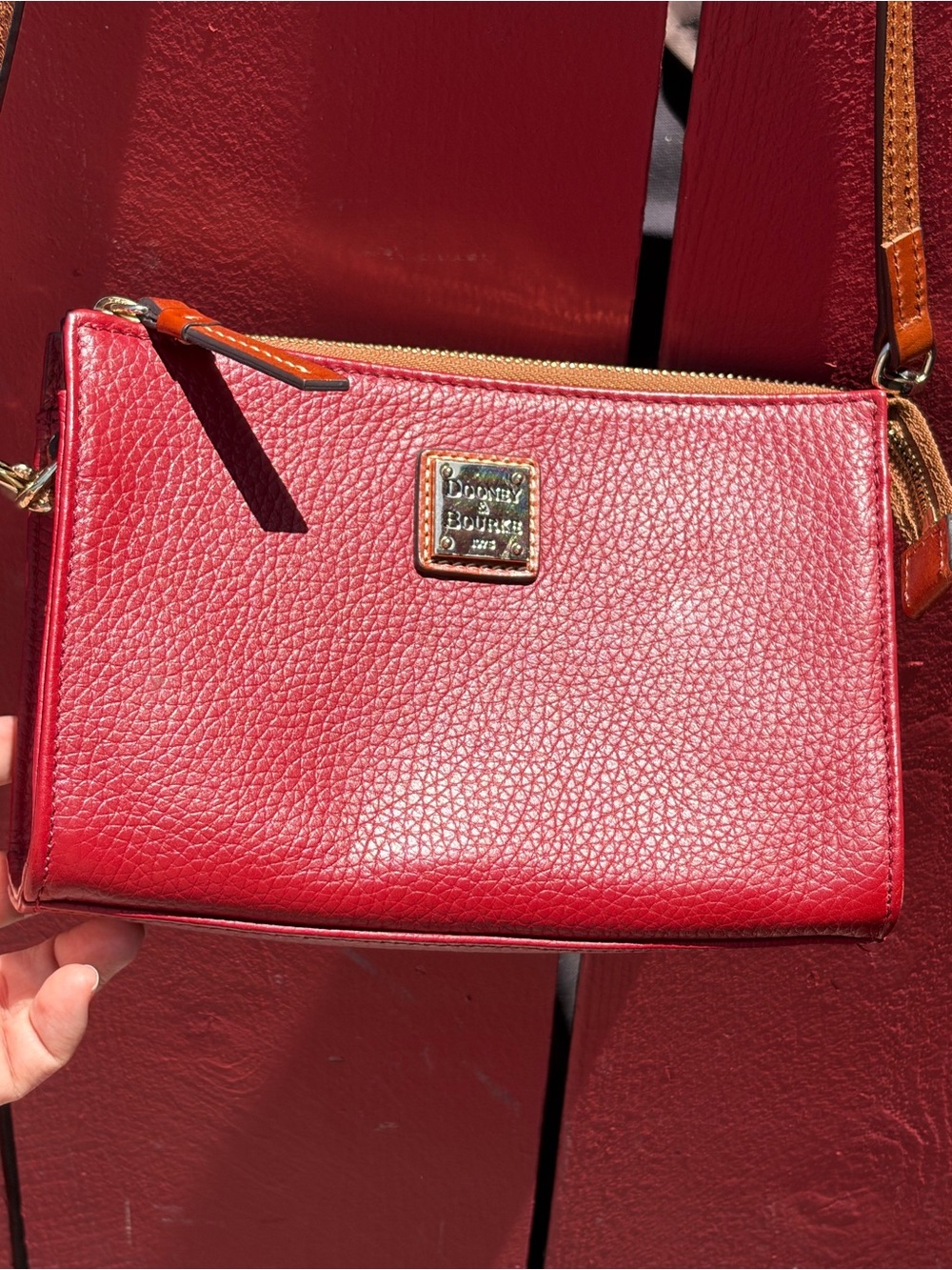 Dooney & Bourke Red Pebble Leather Crossbody Pouch with Tan Trim